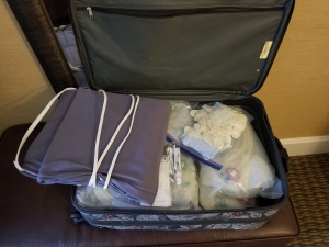 Suitcase containing PD solution, warming pad, gloves, masks and other supplies